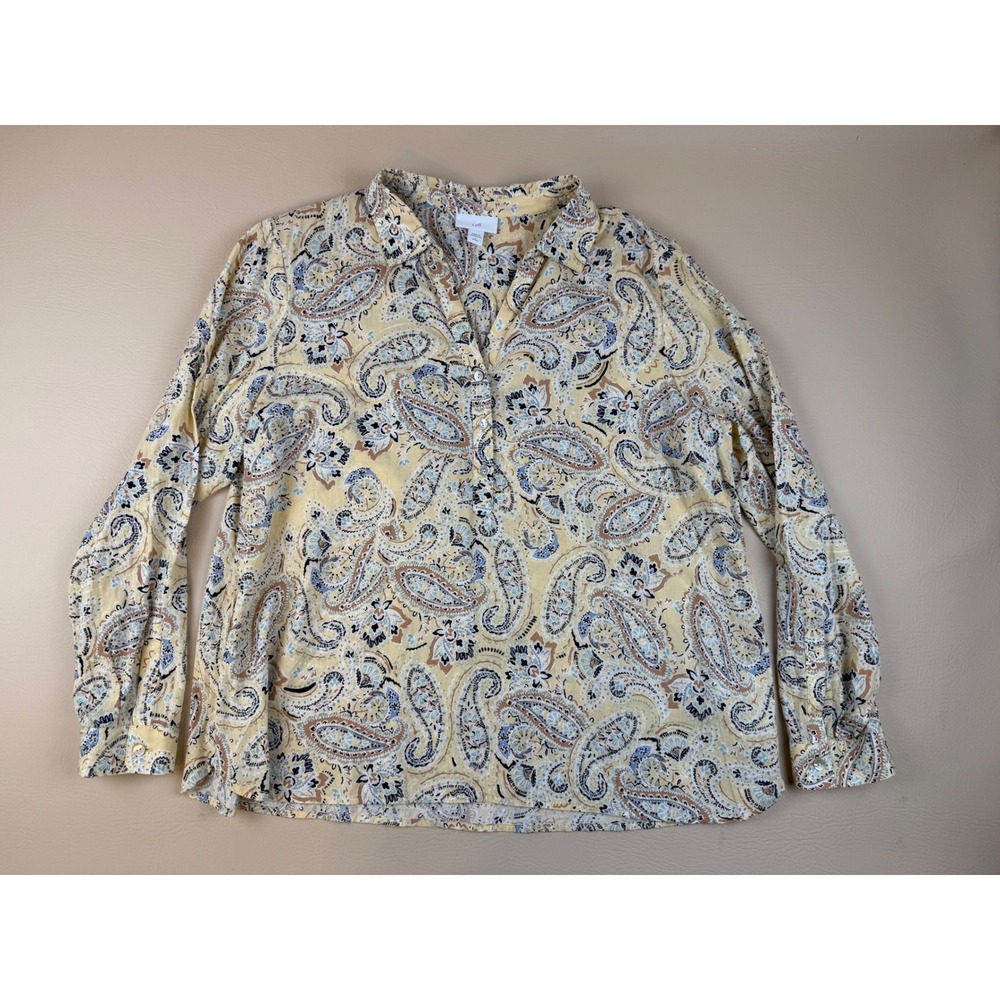 Paisley Print Button Front Blouse Yellow Blue‎ Boho Cottagecore PL J Jill